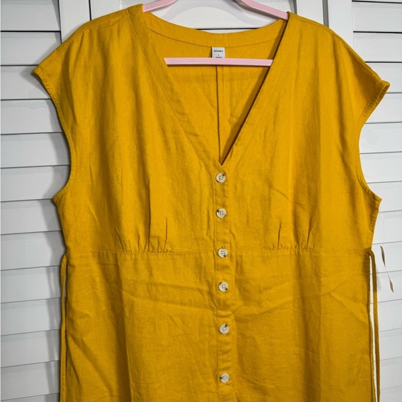 NWT Old Navy Yellow Button-Front V Neck Linen Blend Midi Dress Size L - Picture 2 of 8